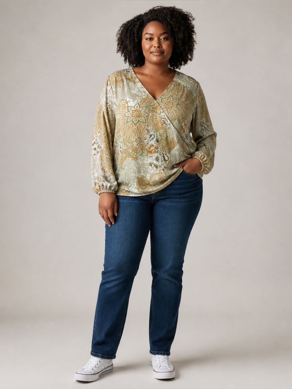 Counterparts Womens XL Paisley Floral Blouse Green Gold Long Sleeve V Neck Top